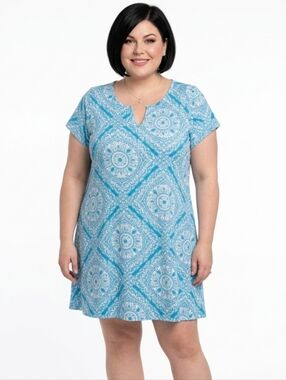 Ruby Rd. Turquoise Medallion Print Split Neck Short Sleeve Dress Size 1X